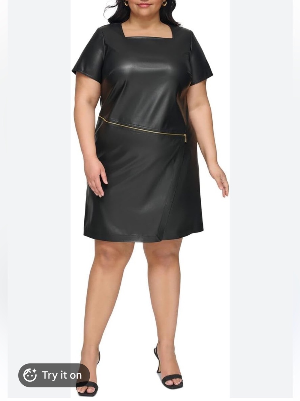 Calvin Klein Black Faux Leather Shift Dress with Yellow Logo